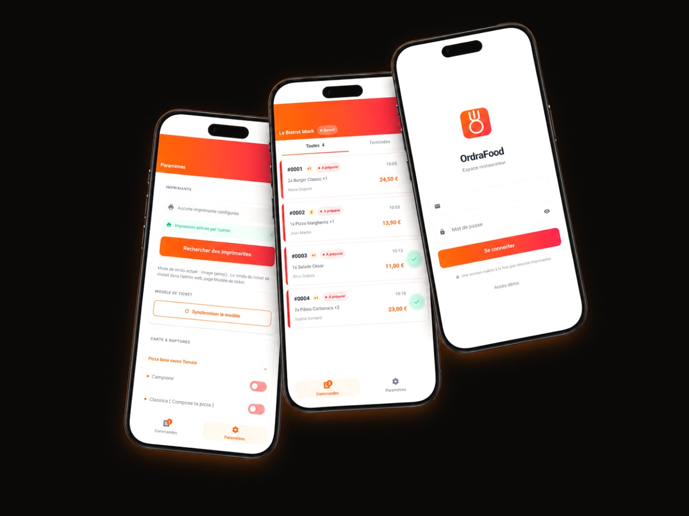 OrdraFood-Restaurant-App auf einem Smartphone: Live-Bestellverfolgung, Druckeinstellungen und Anmeldebildschirm des Betreibers